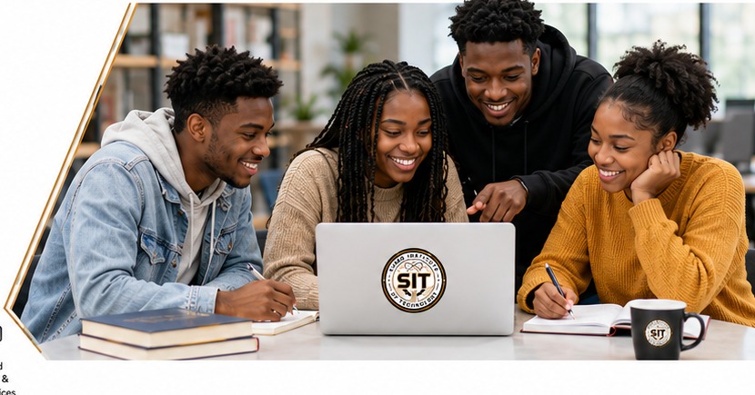 Black students collaborating around a laptop with the SIT logo